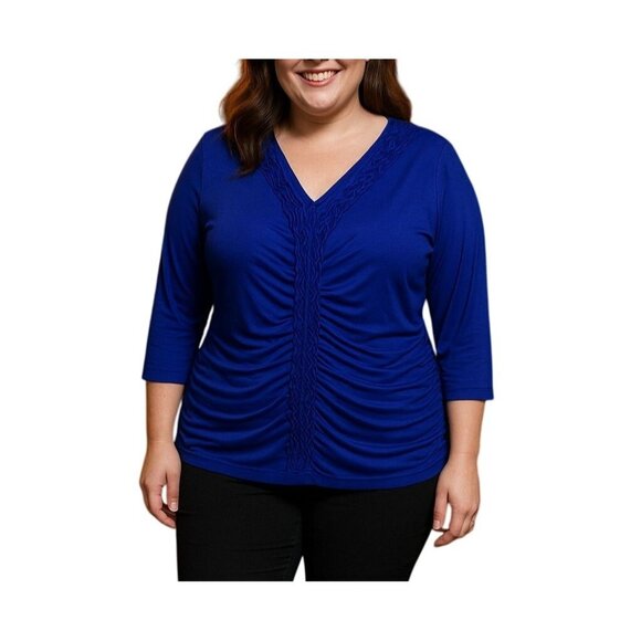 A New Approach Womens Ruched V-Neck Royal Blue 3/4 Sleeve Top Size Large - Picture 1 of 7
